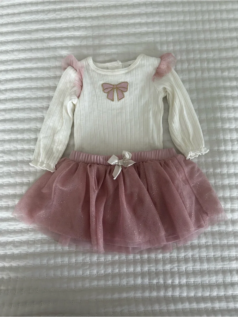 Baby girl matching set Pink Glitter Tulle Skirt with Cream Bow Bodysuit Set